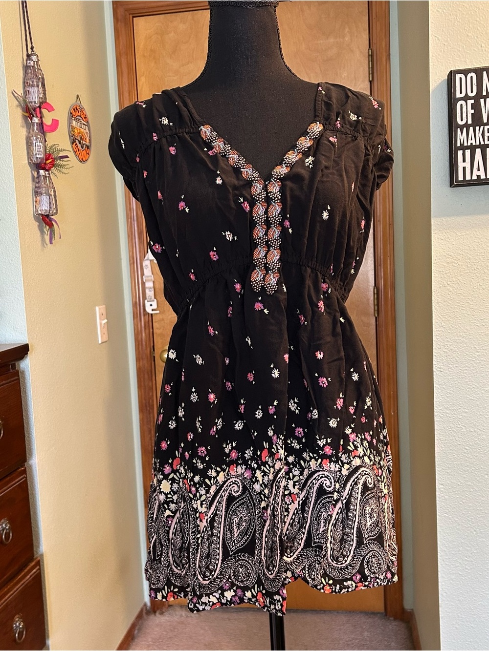 Free People black floral and paisley print tunic dress beaded embroidered size L